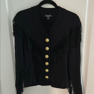 Black Fringed Cardigan with Gold Buttons